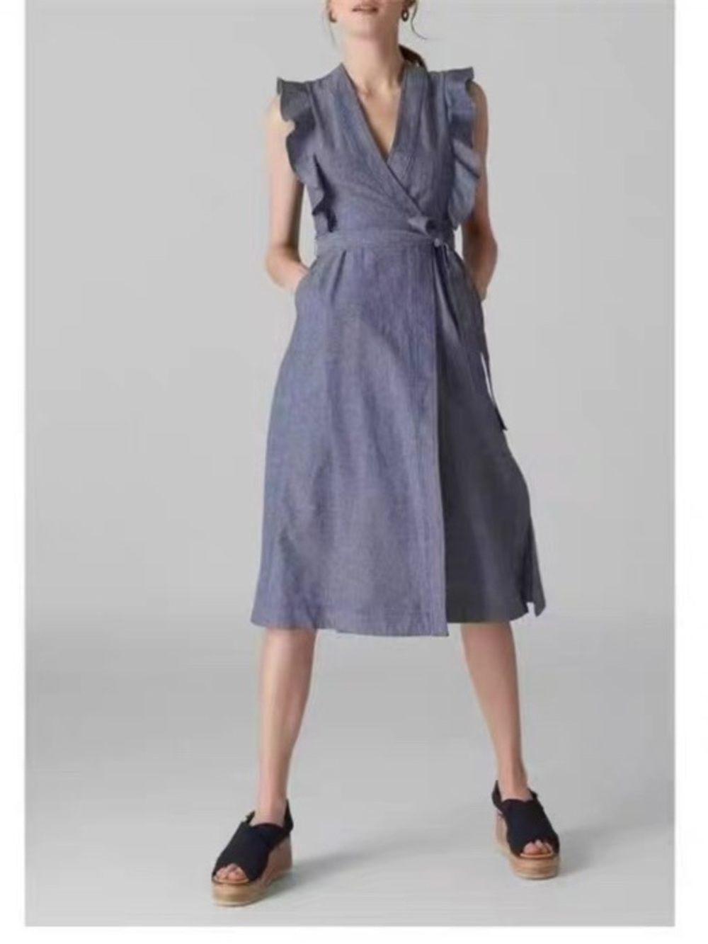 Whistles Bkue Misha Chambray Wrap Dress Linen Blend